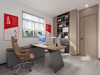 Modern Office Interior Design With Wooden Desk Ergonomic Chair Computer Bookshelf Red Posters And Window 3d model