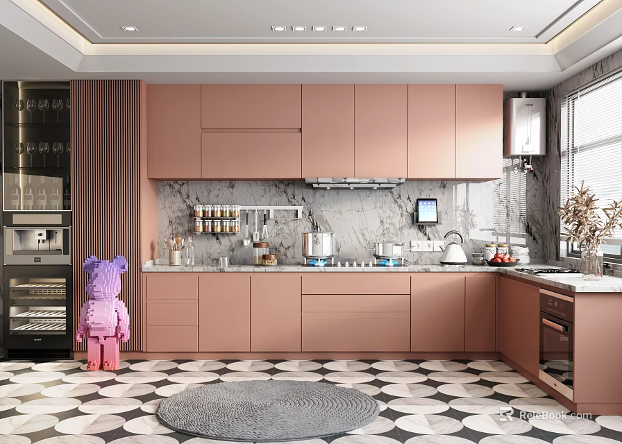 Elegant Modern Pink Kitchen Interior With Marble Countertops And Open Design Appliances 3d model 