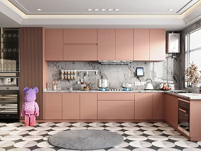 Elegant Modern Pink Kitchen Interior With Marble Countertops And Open Design Appliances 3d model