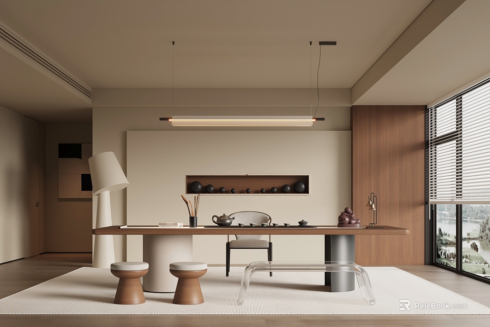 Modern Tea Room Interior Design With Tea Table Tea Sets Wooden Accents And Pendant Lighting 3d model 
