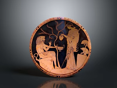 Round Ancient Greek Ceramic Plate Featuring Intricate Figure Carving And Decorative Patterns 3d model