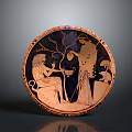 Round Ancient Greek Ceramic Plate Featuring Intricate Figure Carving And Decorative Patterns