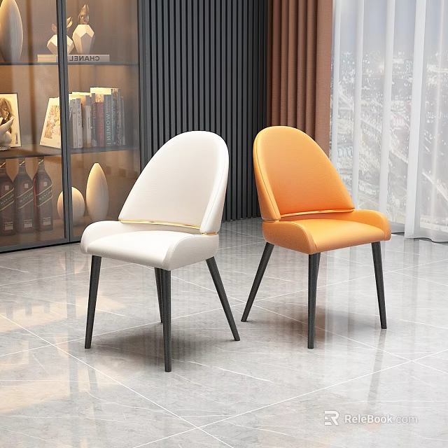 Modern Stylish Dining Chairs With White Orange Upholstery And Black Metal Legs 3d model 