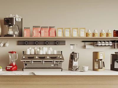 Modern Kitchen Countertop With Coffee Makers Red Blenders Coffee Bags And Accessories Kitchen Appliances 3d model
