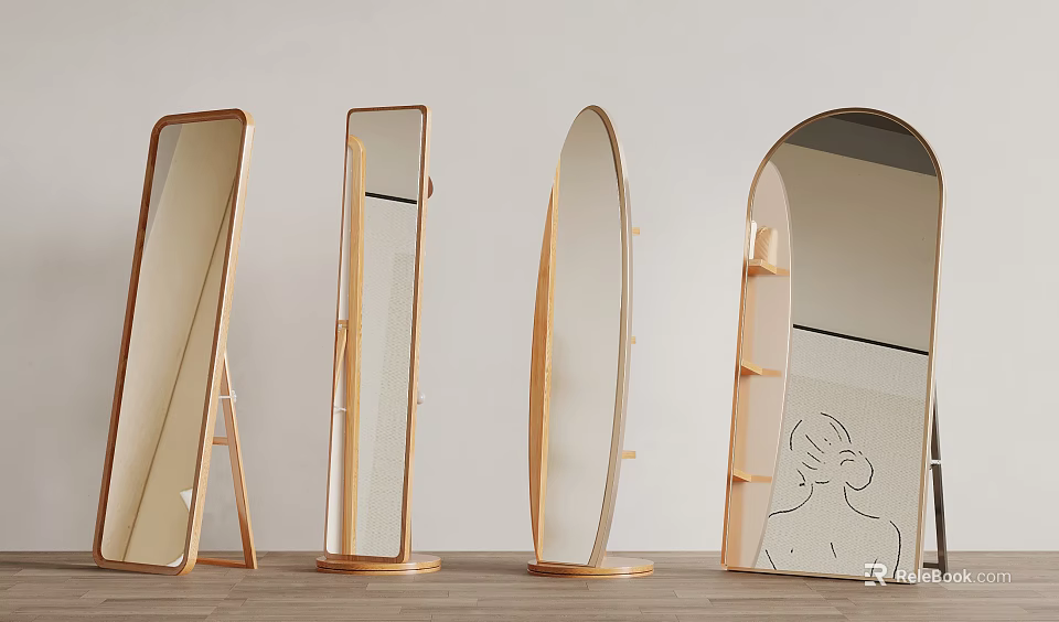 Modern Floor Standing Mirrors with Various Shapes and Wooden Frames for Home Decor 3d model 