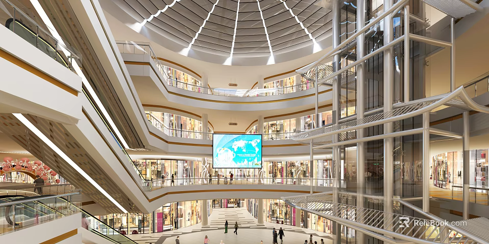 Modern Shopping Mall Atrium With Glass Elevators Digital Screen And Skylight Dome 3d model 