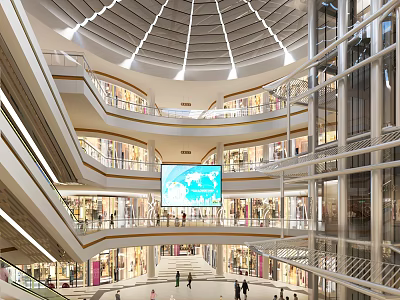 Modern Shopping Mall Atrium With Glass Elevators Digital Screen And Skylight Dome 3d model