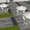 Outdoor White Table Chair Set With Red White Umbrella And Red Telephone Booth