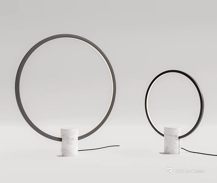 Modern Circular Table Lamps With Black Metal Ring And White Marble Base 3d model 