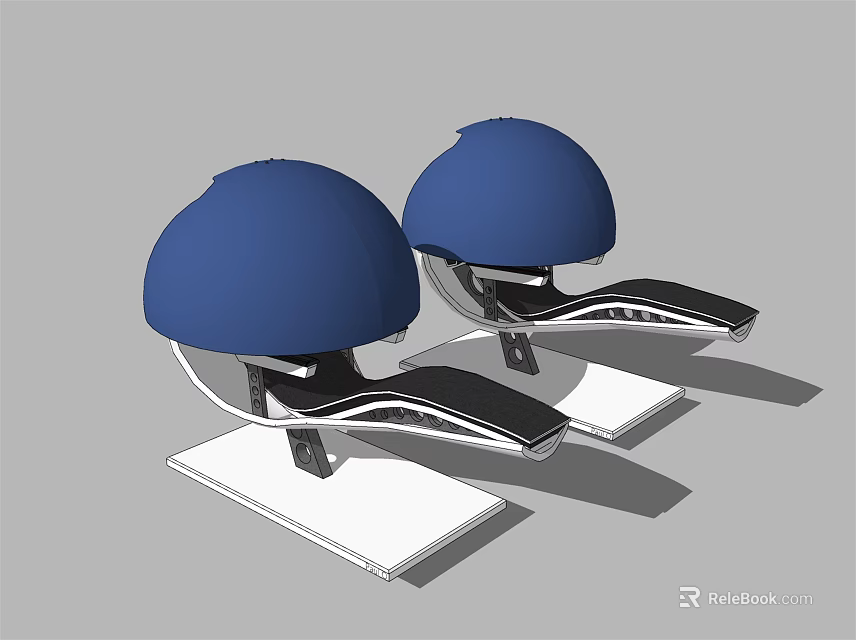 Pair Of Blue Helmets With Black Straps On White Base Stand 3d model 