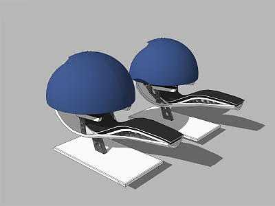 Pair Of Blue Helmets With Black Straps On White Base Stand 3d model