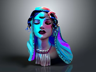 Vibrant Game and Movie Character Head Sculpture with Ornate Headdress and Shiny Accents 3d model