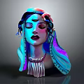 Vibrant Game and Movie Character Head Sculpture with Ornate Headdress and Shiny Accents