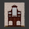 Vintage Red Wooden Dresser With Mirror Multiple Drawers And Patterned Wallpaper Background