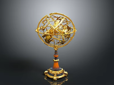 Golden Decorative Armillary Sphere With Brown Marble Base And Ornate Details 3d model