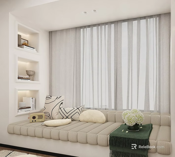 Cozy Bay Window With Beige Padded Seat Throw Pillows Green Tray And White Flowers 3d model 