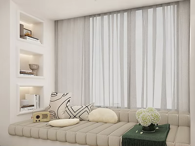 Cozy Bay Window With Beige Padded Seat Throw Pillows Green Tray And White Flowers 3d model