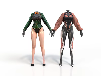 Stylish Female Mannequins Wearing Green And Brown Fitted Outfits With High Heels 3d model