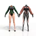 Stylish Female Mannequins Wearing Green And Brown Fitted Outfits With High Heels