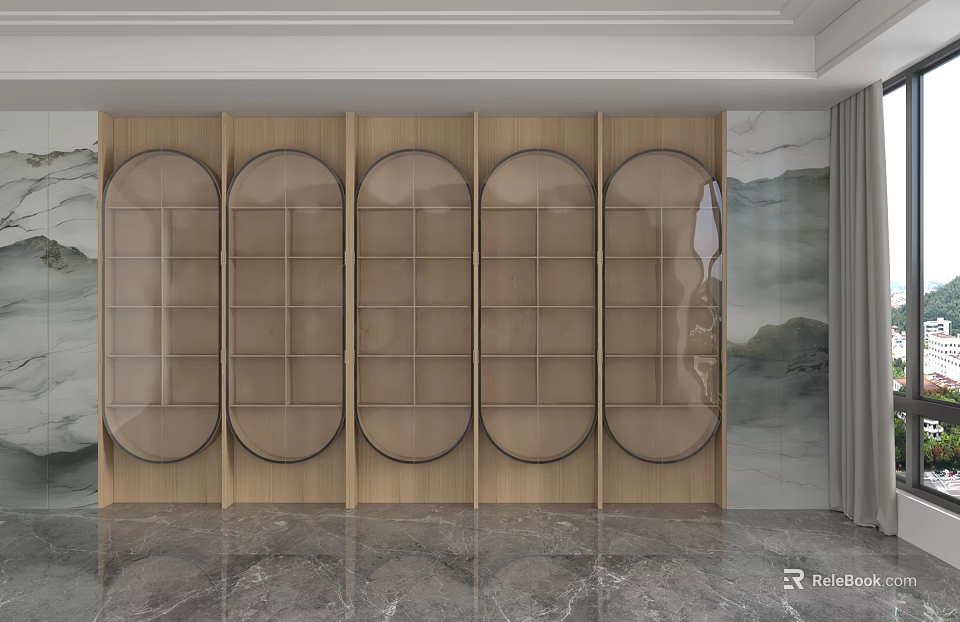 Modern Wooden Storage Shelving Unit With Oval Glass Doors And Grid Design Shelves 3d model 