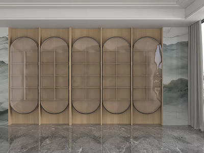 Modern Wooden Storage Shelving Unit With Oval Glass Doors And Grid Design Shelves 3d model