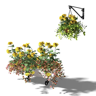 Hanging Basket Plants With Yellow Flowers And Trailing Greenery For Decor 3d model