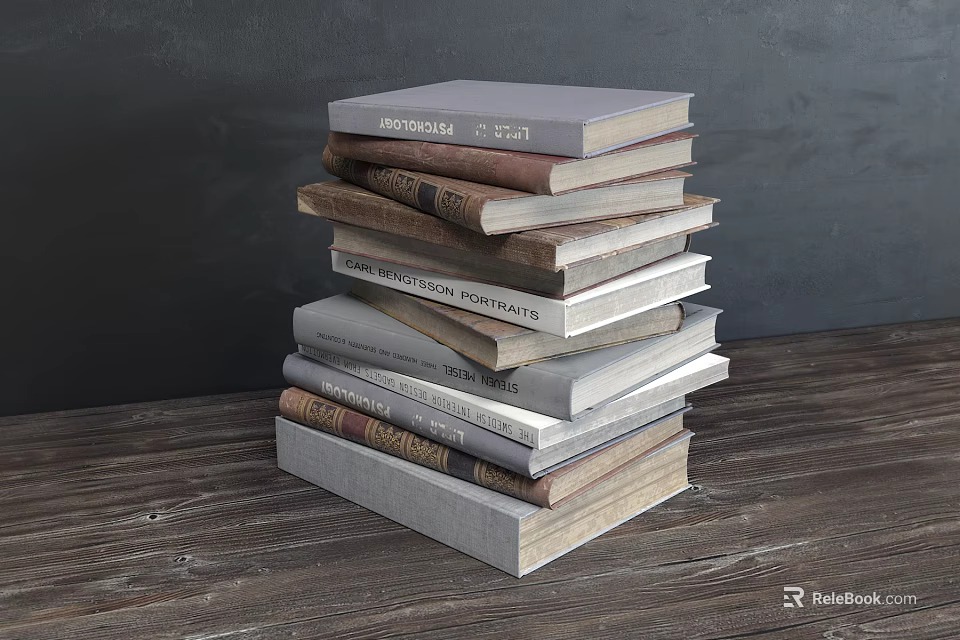Stack of Various Books on Wooden Table With Dark Background 3d model