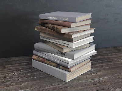 Stack of Various Books on Wooden Table With Dark Background 3d model