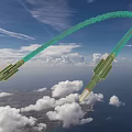 Green Missiles Flying In Blue Sky With Trailing Smoke And Clouds Over Ground