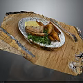 Delicious Grilled Meat Dish With Crispy Fries And Fresh Green Salad On Wooden Cutting Board
