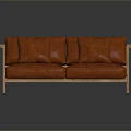 Modern Red Leather Sofa With Wooden Armrests And Decorative Pillows