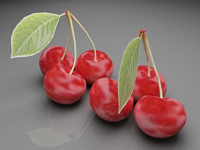 Fresh Red Cherries with Green Leaves Arranged on Gray Background 3d model