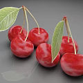 Fresh Red Cherries with Green Leaves Arranged on Gray Background
