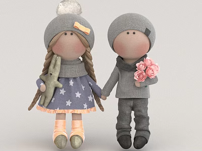 Cute Boy And Girl Dolls With Gray Hats Holding Hands Girl Braided Hair Star Dress Rabbit Plush Boy Pink Flower Bouquet 3d model