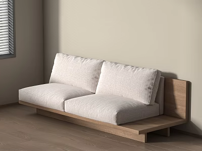 Minimalist Living Room Sofa With Wooden Frame And Beige Cushions Near Window 3d model