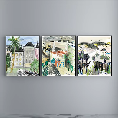 Three Panel Landscape Paintings Featuring Architectural Scenes Palm Trees And Mountain Views 3d model