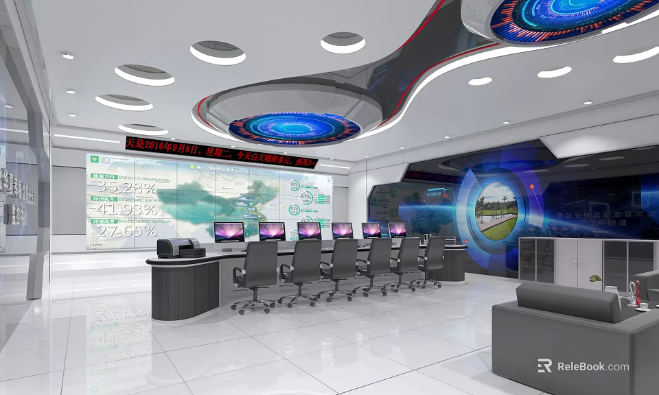 Modern Monitoring Room With Multiple Monitor Screens And Control Console Setup 3d model 
