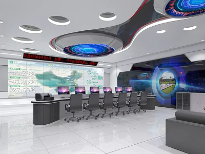 Modern Monitoring Room With Multiple Monitor Screens And Control Console Setup 3d model