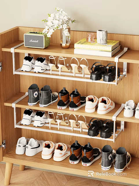 Wooden Multi Layer Shoe Rack With Organized Shoes And Books On Shelves 3d model 