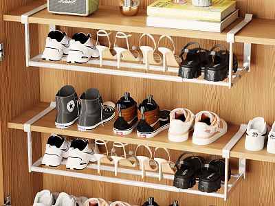 Wooden Multi Layer Shoe Rack With Organized Shoes And Books On Shelves 3d model