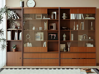 Modern Wooden Bookcase With Glass Doors Storage Shelves For Books Decorative Items 3d model