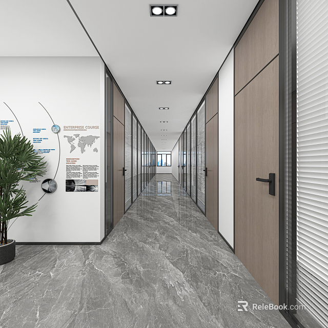 Modern Office Corridor With Wooden Doors Marble Floor World Map And Potted Plant 3d model 