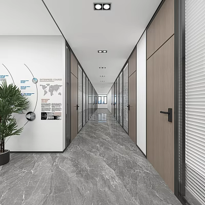 Modern Office Corridor With Wooden Doors Marble Floor World Map And Potted Plant 3d model