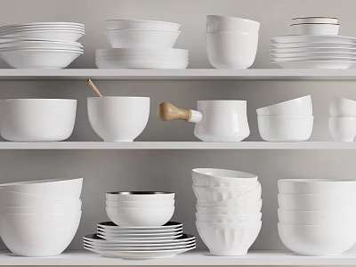 Clean White Dinnerware Set Essential Pieces Neatly Displayed On Kitchen Shelves 3d model