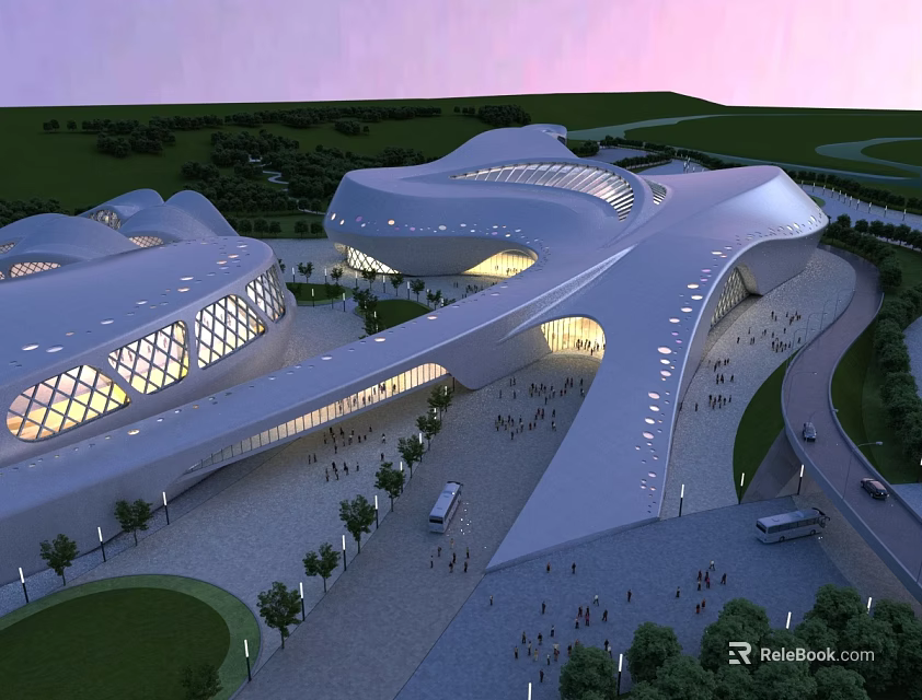 Aerial View Planning of Modern Architectural Complex with Streamlined Design Greenery Roads Crowds and Vehicles 3d model 