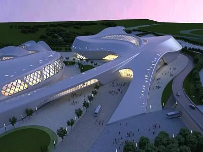 Aerial View Planning of Modern Architectural Complex with Streamlined Design Greenery Roads Crowds and Vehicles 3d model