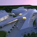 Aerial View Planning of Modern Architectural Complex with Streamlined Design Greenery Roads Crowds and Vehicles