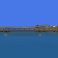 Scenic Landscape Bridge with Blue Water Stone Shore Green Grass Trees Pavilions Red White Lighthouses