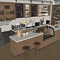 Cozy Coffee Shop Interior Design With Wooden Counter Stools Shelves Coffee Items and Pendant Lights
