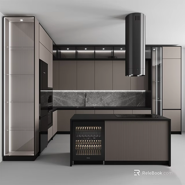 Modern Kitchen Interior With Stylish Cabinets Marble Countertop And Wine Storage 3d model 